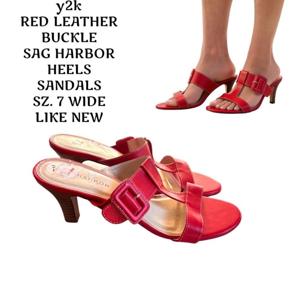Y2K‎ VTG. RED LEATHER BUCKLE STRAPPY SANDALS HEELS SZ. 7.5 WIDE